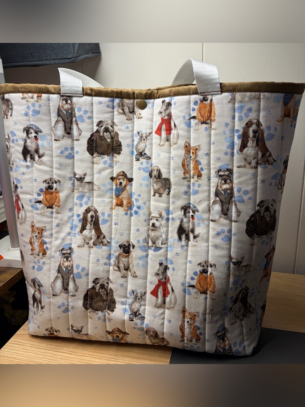 Quilted Dog-Print Tote Bag - Cream and Blue